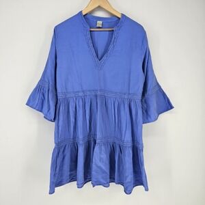 Blanco By Nature Dress Large Blue Tiered Lace Trim Boho Bell Sleeve Mini Beach